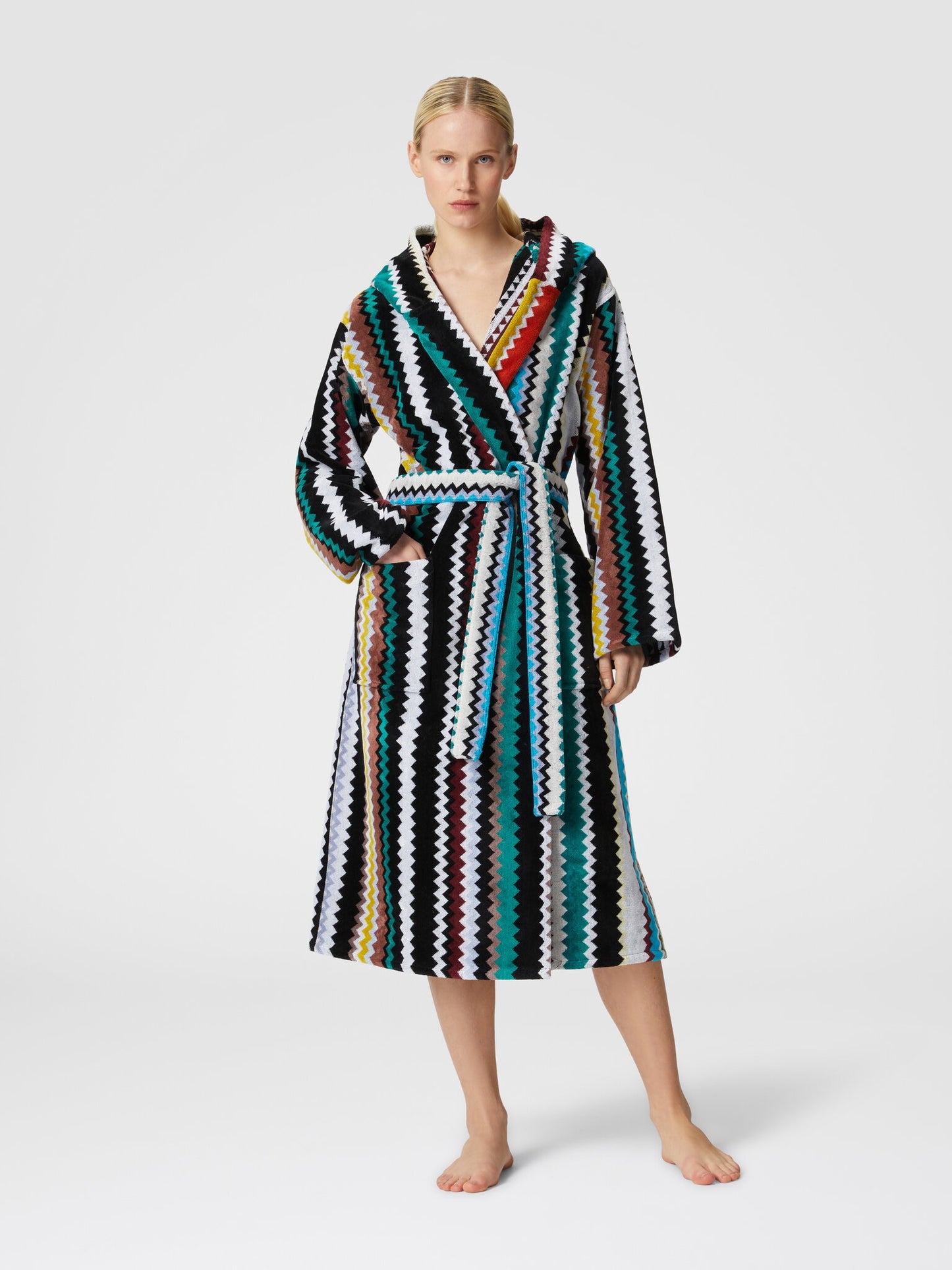 Long Curt chevron cotton terry hooded bathrobe
