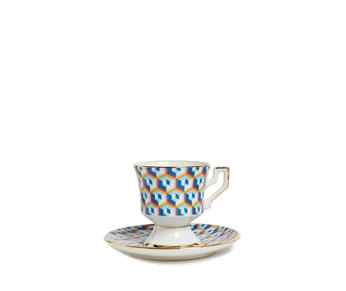 Cubi Blu in Porcelain Espresso Cup & Saucer Set of 2