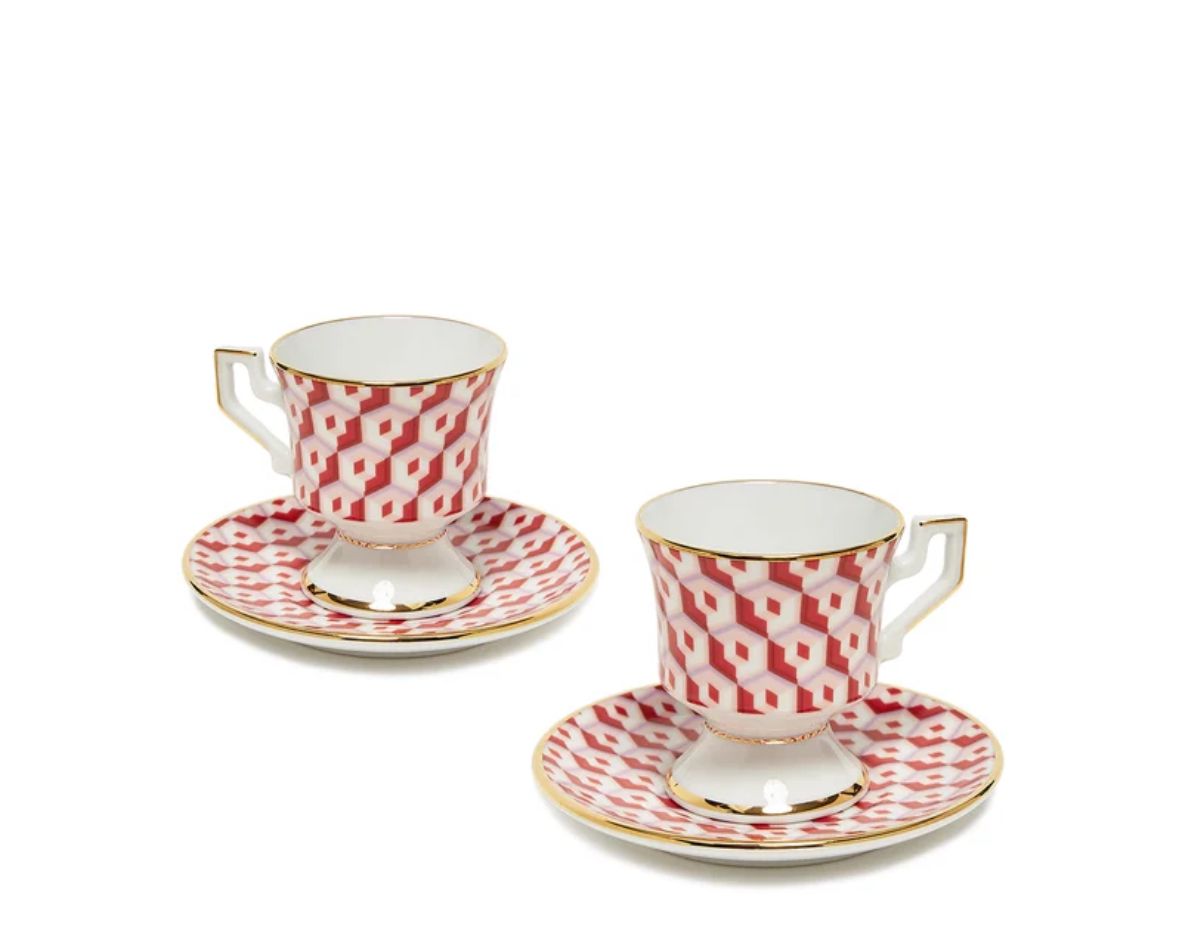 Cubi Rosso in Porcelain Espresso Cup & Saucer Set of 2