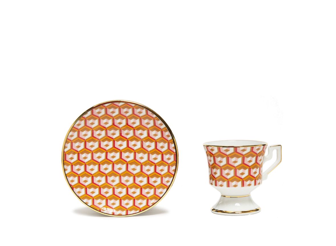 Cubi Oro in Porcelain Espresso Cup & Saucer Set of 2